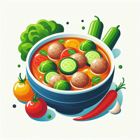 Bowl of soup with meatballs and vegetables. Vector illustration.のイラスト素材