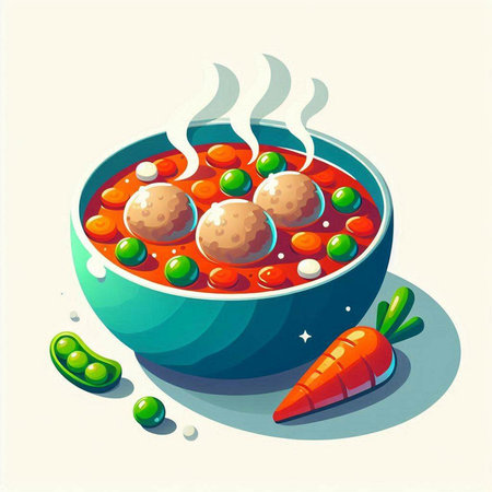 Vegetable soup with meatballs in bowl. Vector illustration.のイラスト素材