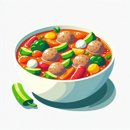 Illustration of a bowl of spicy soup with meatballs and vegetablesのイラスト素材