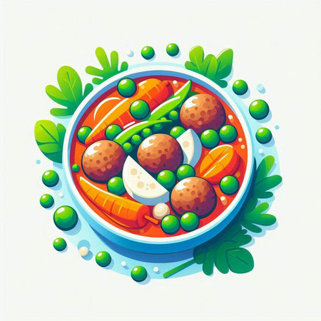 Vector illustration of a bowl of fresh vegetable soup with meatballs and peasのイラスト素材