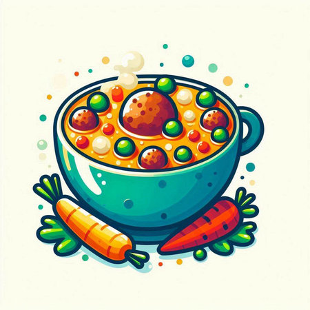 Vegetable soup in bowl with carrot and meatballs. Vector illustration.のイラスト素材