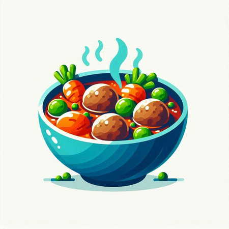 Bowl of soup with meatballs and vegetables. Vector illustration.のイラスト素材