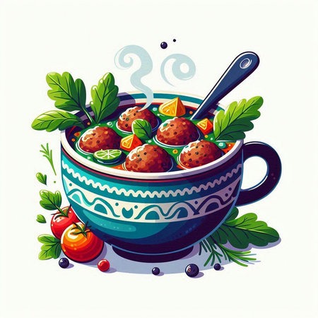 Ceramic bowl with meatballs and vegetables. Vector illustration.のイラスト素材