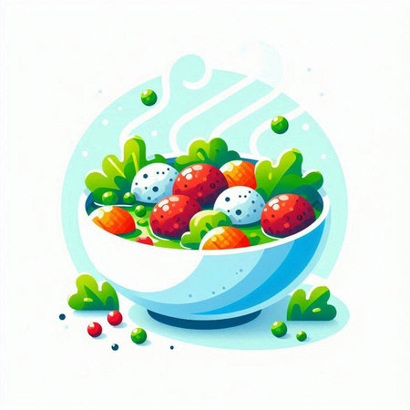 Illustration of a bowl of fresh strawberries and green salad on a white backgroundのイラスト素材