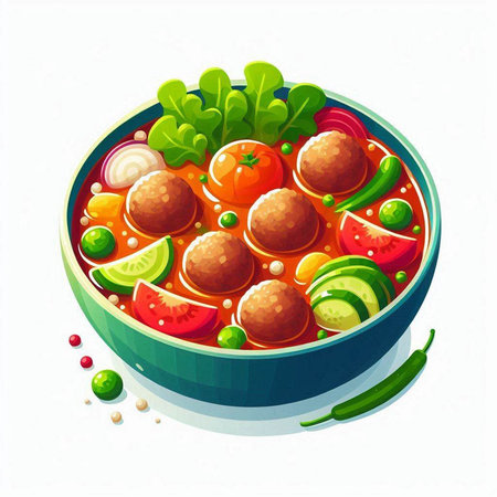 Cartoon illustration of a bowl of vegetable soup with meatballs, tomato, cucumber, onion, pepper and lettuceのイラスト素材