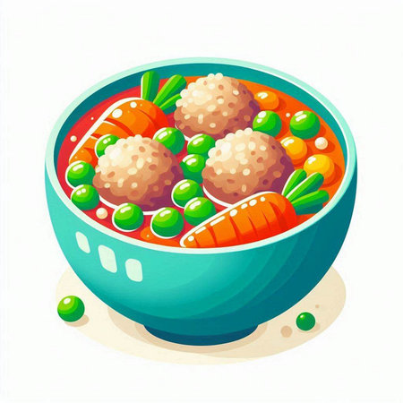 Vegetable soup with meatballs in bowl. Vector illustration.のイラスト素材