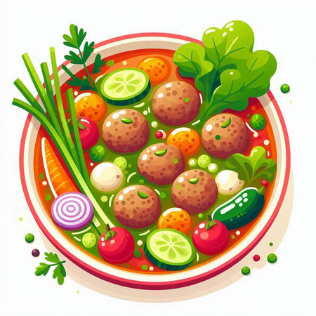 Vegetable soup with meatballs, cucumber, tomato, onion and lettuce. Vector illustration.のイラスト素材