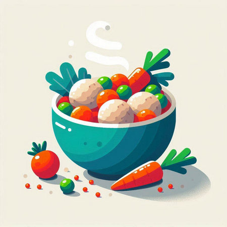Vegetable salad with meatballs in a bowl. Vector illustration.のイラスト素材