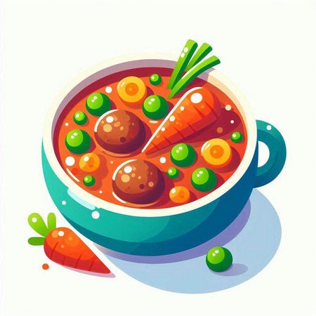 Vector illustration of a bowl of tomato soup with meatballs and vegetablesのイラスト素材