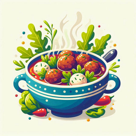 Meatballs in a bowl of soup with herbs. Vector illustration.のイラスト素材