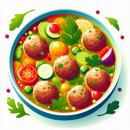 Vegetable soup with meatballs and vegetables. Vector illustration.のイラスト素材