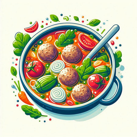 Vegetable soup with meatballs, tomatoes, cucumbers, onions and parsley. Vector illustration.のイラスト素材