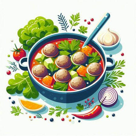 Meatballs in tomato sauce with herbs and spices. Vector illustration.のイラスト素材