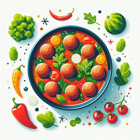 Meatballs in tomato sauce on a plate with vegetables. Vector illustration.のイラスト素材