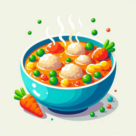 Illustration of a bowl of soup with meatballs and vegetables.のイラスト素材