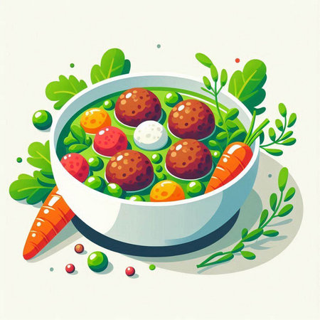 Vegetable soup with meatballs in a bowl, vector illustrationのイラスト素材