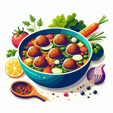 Vegetarian meatballs with vegetables in bowl. Vector illustration.のイラスト素材