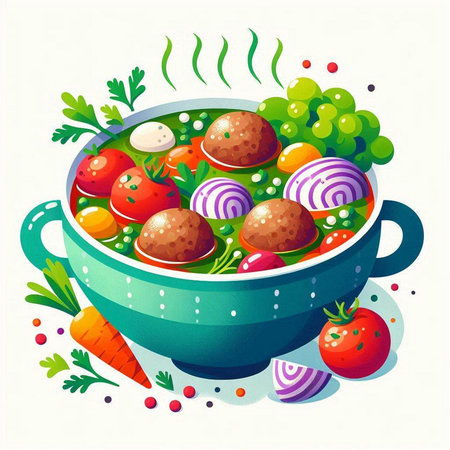 Vegetable soup with meatballs in a bowl. Vector illustration.のイラスト素材