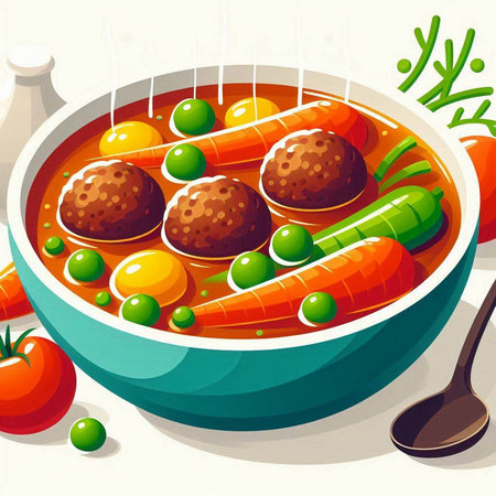 Illustration of a bowl of vegetable soup with meatballs and peasのイラスト素材