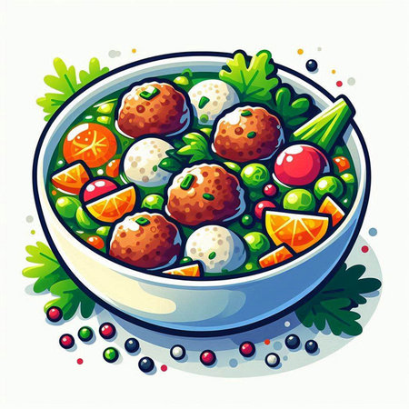 Vegetable salad with meatballs in bowl, vector illustration.のイラスト素材