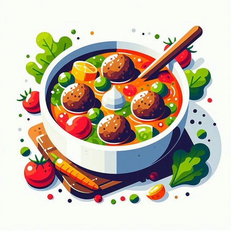 Meatballs in tomato sauce in bowl. Vector illustration in flat styleのイラスト素材