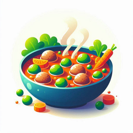 Vector illustration of a bowl of soup with meatballs and vegetables.のイラスト素材