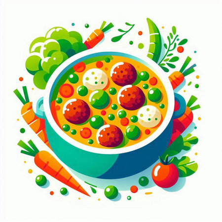 Vegetable soup with meatballs and vegetables, vector illustration.のイラスト素材