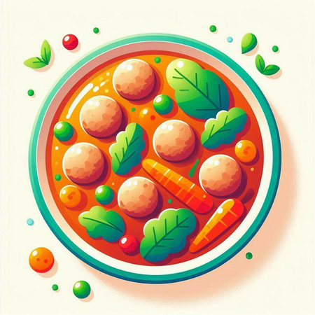 Vegetable soup with meatballs and vegetables, vector illustration.のイラスト素材