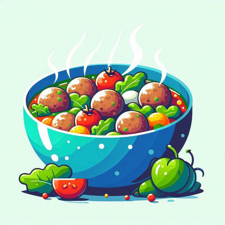 Vegetable salad with meatballs in a bowl. Vector illustration.のイラスト素材