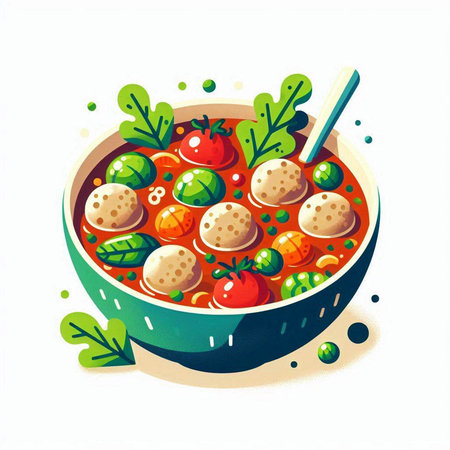 Vegetable soup with meatballs in bowl. Vector illustration.のイラスト素材