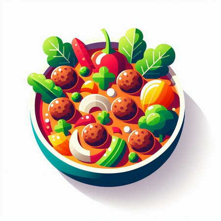 Vegetable salad with meatballs in bowl. Vector illustration.のイラスト素材