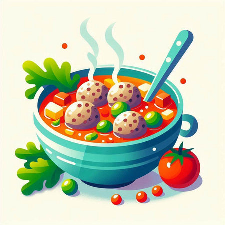 Vegetable soup with meatballs in a bowl. Vector illustration.のイラスト素材