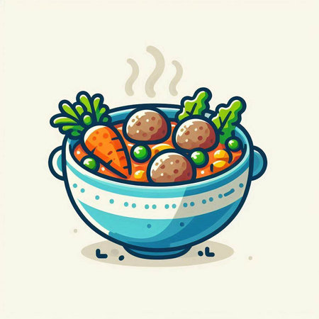 Vegetable soup with meatballs in a bowl. Vector illustration.のイラスト素材