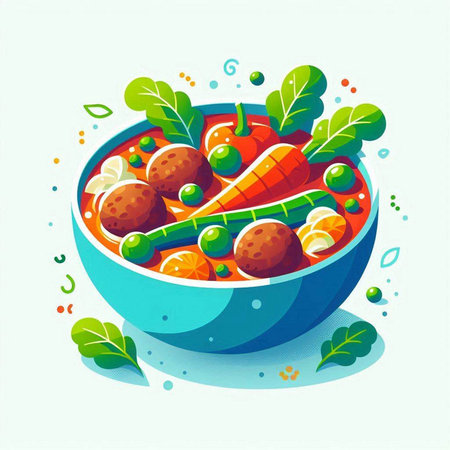 Vector illustration of a bowl of vegetable soup with meatballs and carrotsのイラスト素材