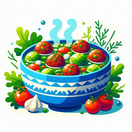 Vector illustration of a bowl of salad with tomato, parsley and garlicのイラスト素材
