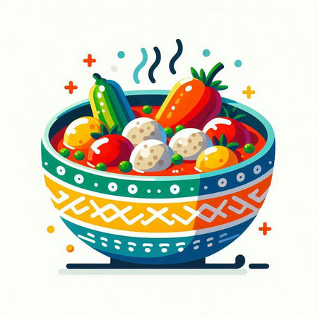 Vector illustration of a bowl of vegetable soup. Tomato, cucumber, pepper, zucchini, eggplant.のイラスト素材