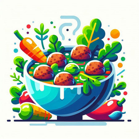 Vector illustration of bowl with meatballs and vegetables. Healthy food concept.のイラスト素材