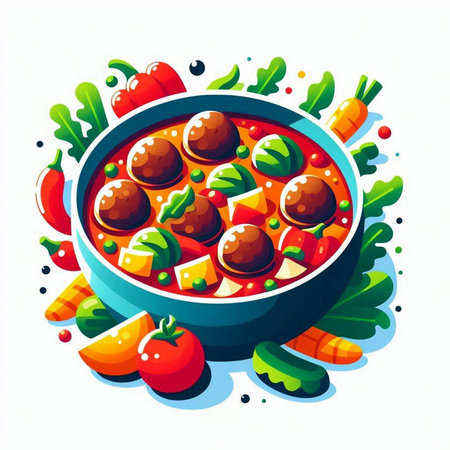 Vegetable soup with meatballs, tomato and cucumber. Vector illustration.のイラスト素材
