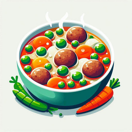 Illustration of a bowl of meatballs with green peas and carrotsのイラスト素材