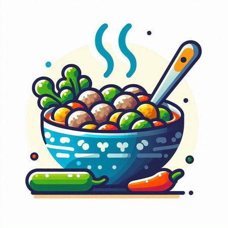 Chickpea soup in bowl with spoon and pepper. Vector illustration.のイラスト素材