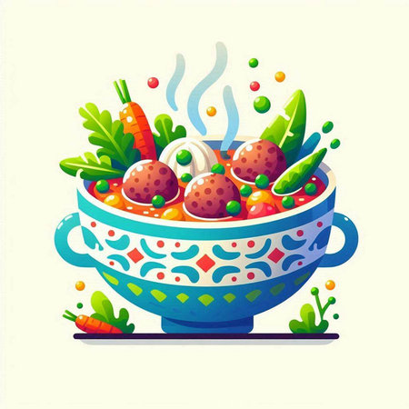 Vector illustration of a bowl of vegetable soup with meatballs and vegetablesのイラスト素材