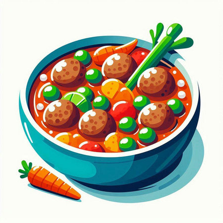 Bowl of meatballs with carrots and peas. Vector illustration.のイラスト素材