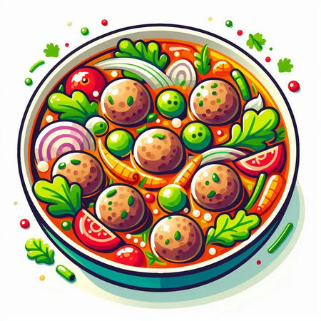 Meatballs in tomato sauce with parsley and onion. Vector illustration.のイラスト素材