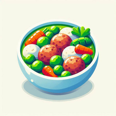 Illustration of a bowl of salad with meatballs, carrots and peasのイラスト素材