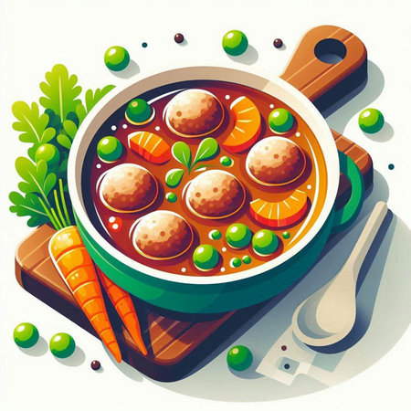 Meatballs in tomato sauce with carrots and peas. Vector illustration.のイラスト素材
