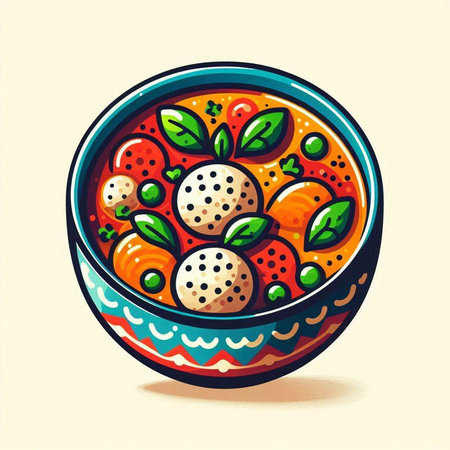 Vector illustration of a bowl of tomato soup with meatballs in it.のイラスト素材