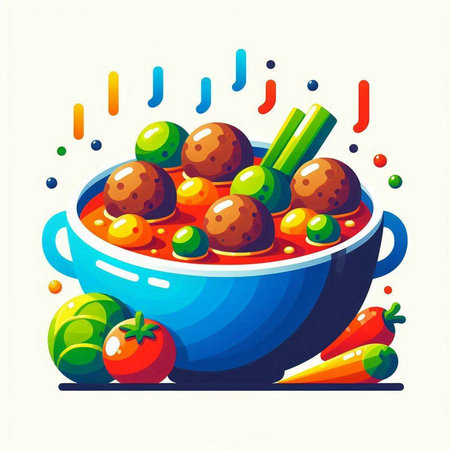 Vegetable soup with meatballs in a bowl. Vector illustration.のイラスト素材