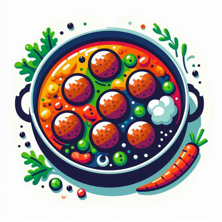 Saucepan with meatballs and vegetables. Vector illustration.のイラスト素材