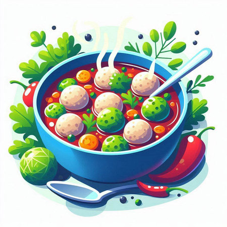 Illustration of a bowl of soup with meatballs and vegetables.のイラスト素材