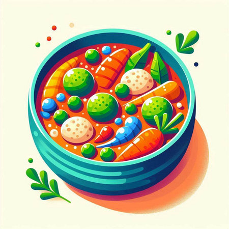 Illustration of a bowl of soup with meatballs, carrots and peasのイラスト素材